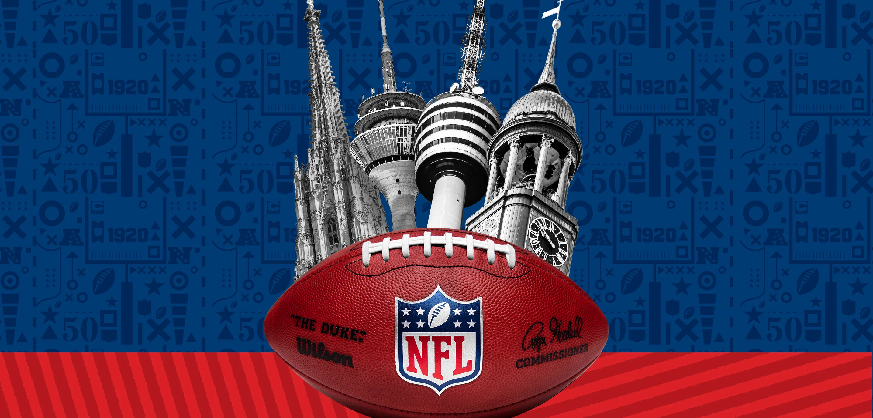 Die Silhouetten von Kölner Dom, Rheinturm, Fernsehturm und Hamburger Michel hinter einem NFL-Football mit NFL-Logo vor blauem Hintergrund mit NFL-Mustern.
